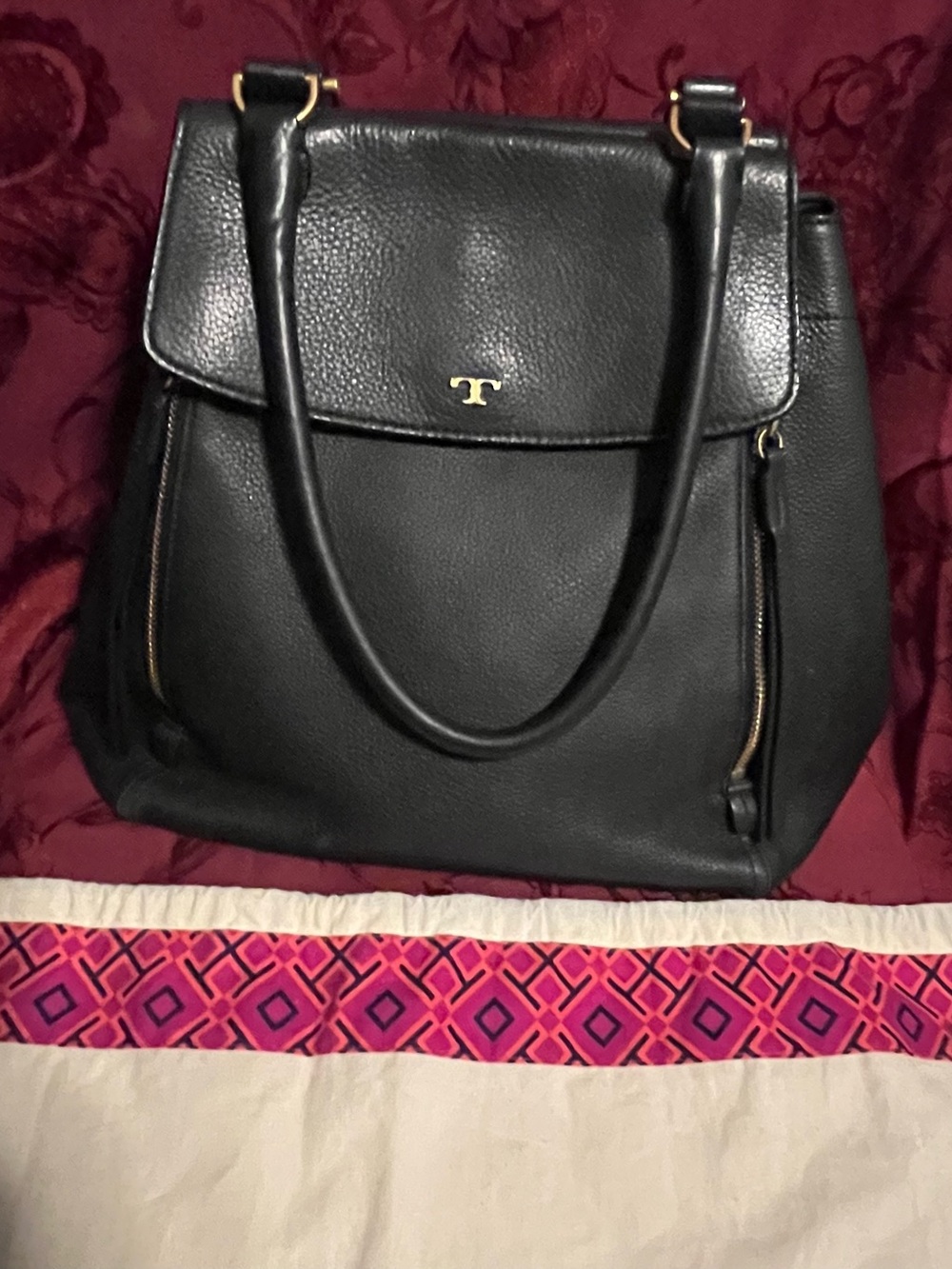 Tory Burch Navy Leather Tote with Gold Logo